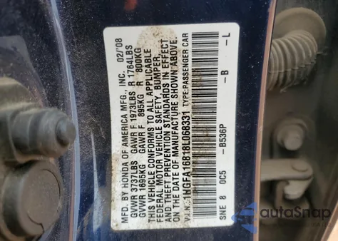 2008 Honda Civic Ex from USA, damaged, VIN 1HGFA16818L068331